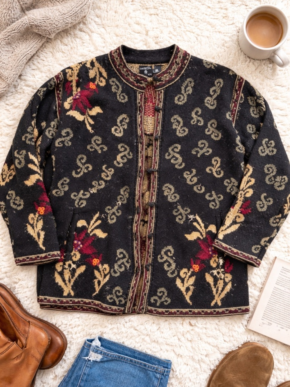 Vintage Nordic Design Wool Cardigan Sweater Floral Boho Grandpa Style Large